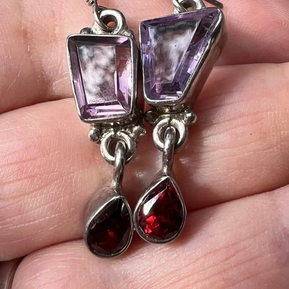 VINTAGE AMETHYST GARNET DROP DANGLE LONG EARRING925 STERLING SILVER UNIQUE CUT